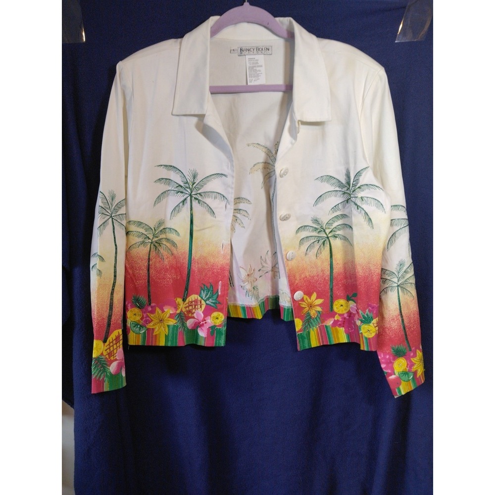 Nancy Bolen Tropical Sequined Palm Tree Design Jacket Size L Resort Button Front